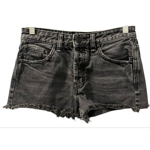 Free People Button Fly Black Denim Fray Hem Jean Shorts Size 24 Waist Casual